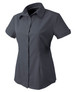 A dark grey button-up shirt for ladies with short sleeves and a chest pocket. It features a logo.