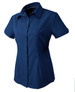 A navy blue women's button-up shirt with short sleeves and a collar, featuring a logo detail.