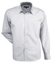 A light grey button-up shirt with a single breast pocket and a branded label.