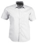 A short-sleeve button-up shirt in light grey with a patterned collar and a single chest pocket. It features a logo.