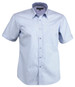 A short-sleeved, button-up shirt in light blue with a subtle stripe pattern and a single chest pocket.