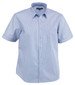A short-sleeved, button-up men's shirt in light blue with a subtle striped pattern and a chest pocket.