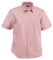 A short-sleeved, button-up men's shirt in a light red striped pattern, featuring a pocket and rolled sleeves.