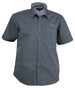 A short-sleeved button-up shirt in grey with a patterned interior and a pocket, featuring a logo.