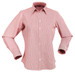 A long-sleeved, button-up ladies' shirt striped in pink and white, featuring a collar and buttons down the front.