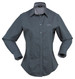 A women's long-sleeve button-up shirt in grey with a fitted design and a branding logo.