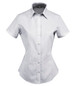 A short-sleeved, fitted ladies' button-up shirt in light grey with a subtle striped pattern and a collar.