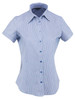 A light blue and white striped button-up shirt for ladies with short sleeves and a collar, featuring a logo.