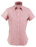 A red and white striped short-sleeve button-up ladies' shirt with a collar and a logo.
