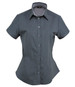 A short-sleeved, button-up ladies' shirt in grey with a subtle striped pattern and a collar.