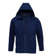 A navy soft shell jacket featuring a hood and a zippered front. Includes a pocket on the chest and has a logo.