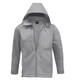 A soft shell men's jacket in light grey featuring a front zipper and a hood, with a logo on the chest.