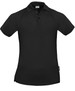 A black polo shirt with a collar and short sleeves, featuring a logo on the side.