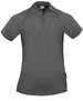 A grey men's polo shirt featuring a classic collar, buttons, and a side split, with a branding label.