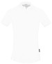 A white polo shirt featuring a collar and short sleeves, with a branding tag.