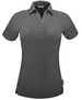 A grey polo shirt with a collar, short sleeves, and a buttoned placket. It features a logo on the side.