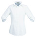 A white button-up shirt for ladies with 3/4 sleeves and a collared neck, featuring a logo.