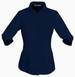 A navy blue button-up shirt with 3/4 sleeves and a fitted design. It features a collar and has a logo.