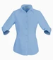 A light blue 3/4 sleeve ladies' button-up shirt with a collar and a logo.
