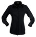A black long-sleeve button-up shirt for ladies featuring a collar and a fitted design. It includes a logo.