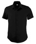 A black short-sleeved button-up shirt with a collar and a logo.