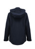 A women's jacket in navy blue with a hood, featuring a simple design and side pockets.