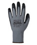 A grey and black nitrile gripper glove, featuring a textured grip and a logo on the wrist area.