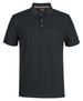 A black polo shirt made from recycled polyester, featuring a buttoned placket and a pocket, with a logo.