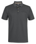A dark grey polo shirt made from recycled polyester, featuring a pocket and a logo on the chest.