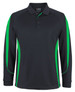 A black long-sleeve polo shirt featuring green side panels and a collar, with a logo on the chest.