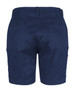 A pair of navy blue cargo shorts featuring multiple pockets and an elastic waistband.