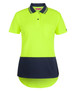 A bright yellow and navy women's polo shirt featuring a drop tail design and a chest pocket, with a branding logo.
