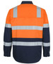 High-visibility long sleeve shirt in orange and navy, featuring reflective stripes and a branding logo.