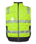 A neon yellow puffer vest with reflective stripes and a dark grey base, featuring a logo on the front.