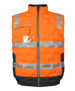 An orange puffer vest with reflective strips, featuring a front zip and a pocket. It includes a logo on the chest area.