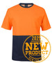 An orange and navy T-shirt with a chest pocket and a logo. Suitable for various activities.
