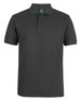 A dark grey polo shirt featuring a collar and buttons, with a logo on the upper side.