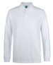 A long-sleeve polo shirt in white with a collar and a branding logo on the chest.