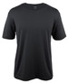 A black T-shirt featuring short sleeves, made from soft fabric, with a logo on the collar.