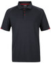 A black polo shirt with red accents, featuring a three-button placket and a logo on the chest.