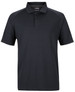 A black polo shirt featuring a buttoned placket, short sleeves, and a logo on the collar.