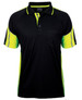 A black and hi-vis yellow polo shirt with short sleeves, featuring a pocket and a logo on the collar.
