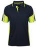 A navy blue and bright yellow polo shirt with reflective detailing and a single chest pocket. Includes branding.