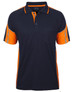 A navy and orange polo shirt featuring a chest pocket and contrast detailing. Includes a logo on the sleeve.