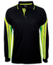 A long-sleeved black polo shirt with bright yellow stripes on the sleeves and a chest pocket. It features a logo.