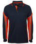 Long-sleeve polo shirt in navy blue with vivid orange stripes and a front pocket. Features a logo on the collar.