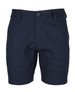 A pair of navy blue dress shorts with a button fastening and a logo on the waistband.