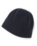 A navy blue polar beanie made from soft fleece material, featuring a simple design and a logo.