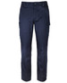 A pair of navy cargo pants featuring multiple pockets and a fitted design. The pants have a logo on them.