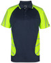 A navy polo shirt with bright yellow reflective stripes and a chest pocket. Features branding on the sleeve.